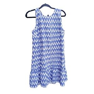 J Crew Dress Linen Sleeveless Blue White Chevron  Lg Ruffle Bottom